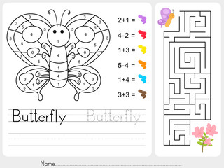 Wall Mural - Maze game, Color by numbers - Worksheet for education