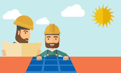 Canvas Print - man putting a solar panel on the roof.