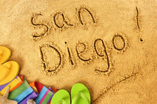 San Diego Beach Writing Word Written In Sand Summer Vacation Holiday Photo