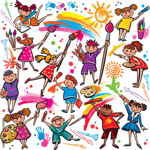 Naklejka - mata magnetyczna na lodówkę Happy children drawing with brush and colorful crayons