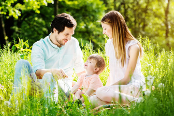 Glückliche Familie sitzt auf Sommer Wiese