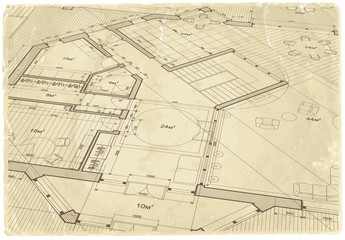 architecture blueprint - house plan & old paper texture