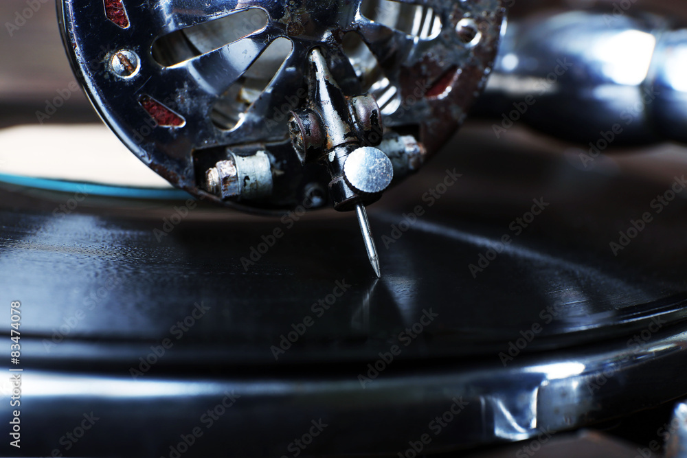 Vintage turntable vinyl record player close up
