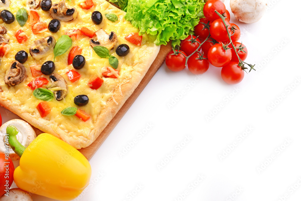 Delicious homemade pizza on white background