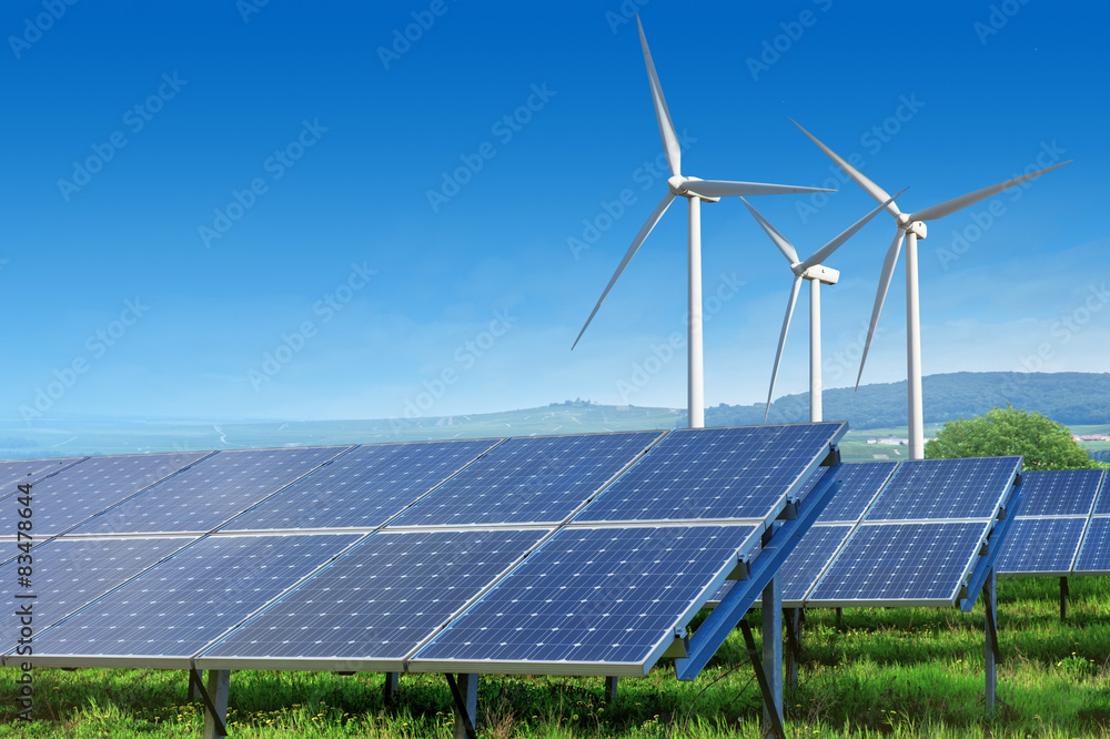 solar panels and wind turbines under blue sky Stock Photo | Adobe Stock
