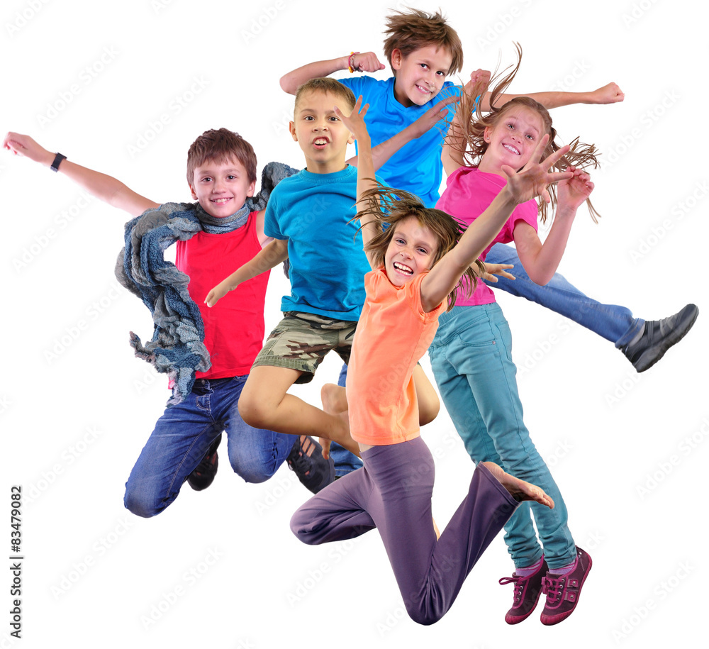happy dancing jumping children isolated over white background - obrazy, fototapety, plakaty 