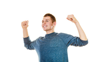 Canvas Print - Happy man successful lad with arms up