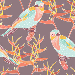 Wall Mural - Seamless floral pattern with birds