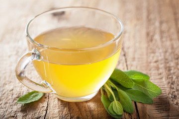 Poster - herbal sage tea with green leaf in glass cup