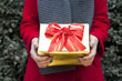 © RooM The Agency - Close-up of a woman standing outdoors in front of a bush holding a wrapped Christmas gift