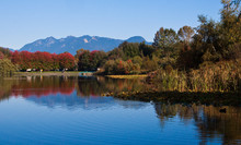 Canada, British Columbia, Vancouver, Mountains And Trout Lake In Autumn