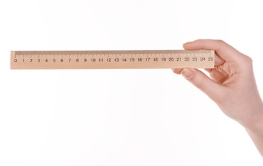 Canvas Print - Female hand with wooden ruler isolated on white