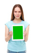 © Dmytro Panchenko - Young beautiful woman holding white tablet with copyspace - isol