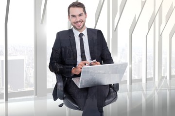 Poster - Businessman with laptop using smartphone