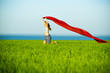 © mr.markin - Young happy woman in wheat field with fabric. Summer lifestyle