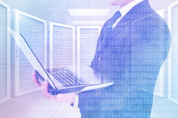 Poster - Composite image of businessman with watch using tablet pc
