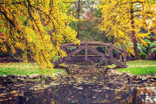 Picturesque Wooden Footbridge Over A Pond In Autumn