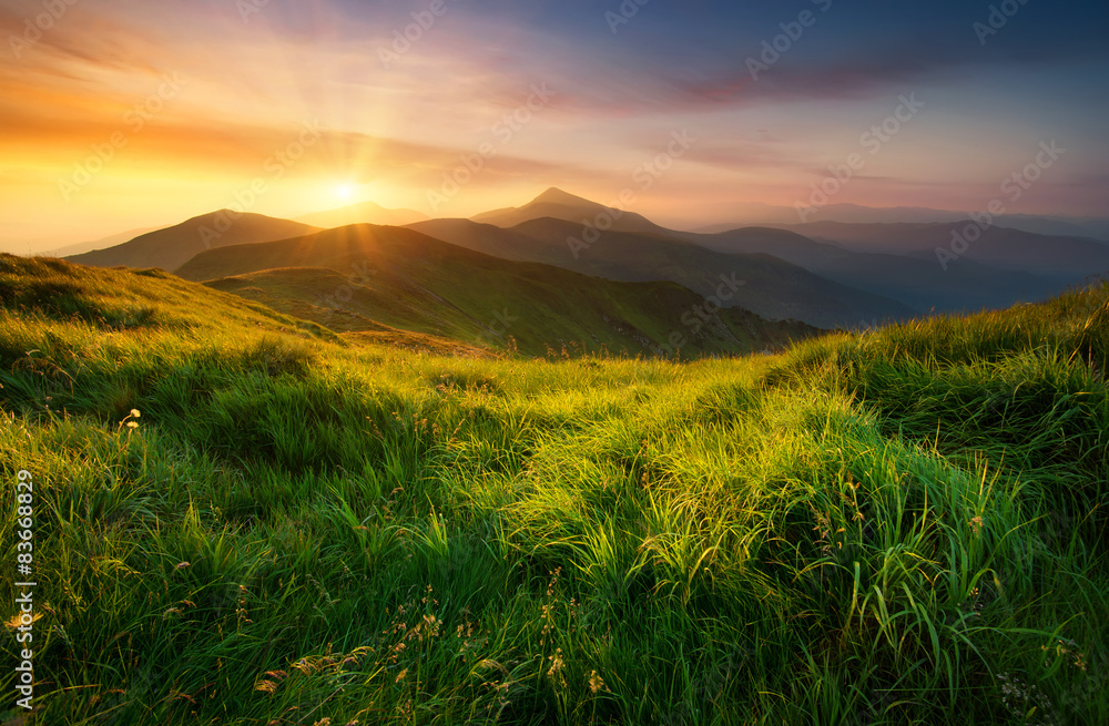 Mountain valley during sunrise. Natural summer landscape Stock Photo ...