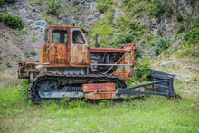Old Rusted Wreck Bulldozer Near Abandoned Mine.