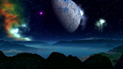 alien planet, moon, and nebula