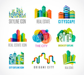 Colorful real estate, city and skyline icons