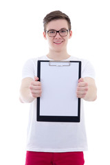 Poster - handsome teenage boy showing clipboard with copy space isolated