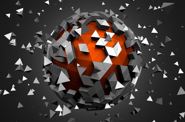 Abstract 3d rendering of low poly sphere with chaotic structure.