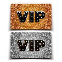 Wall Mural - Gold and silver VIP cards with glitter, gift, voucher, certificate, vector illustration