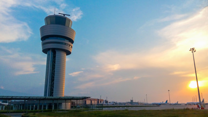 Wall Mural - Airport control tower at sunset in Sofia, Bulgaria