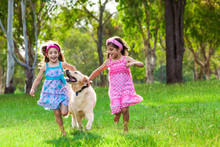 Two Young Girls Running With A Golden Retriever On The Grass