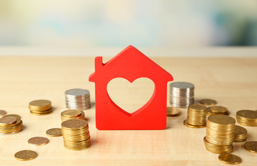 Model of house with coins on bright background