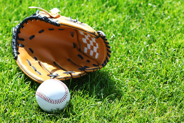 Wall Mural - Baseball ball and glove on green field