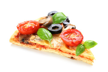 Poster - Slice of tasty pizza with vegetables and basil isolated on white