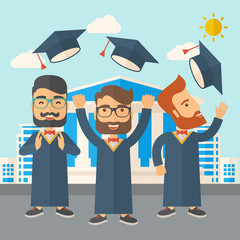 Poster - Three men throwing graduation cap.