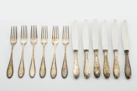 altes silberbesteck, reihe, gabel, messer