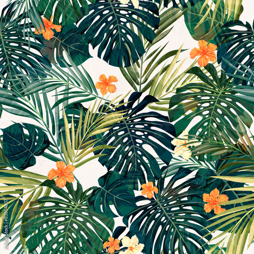 Naklejka na kafelki Bright colorful tropical seamless background with leaves and