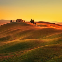 Tuscany, Sunset Rural Landscape. Rolling Hills, Countryside Farm