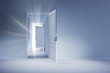 Open white doors with rays of light on blue wall