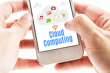Wall Mural - close up two hand holding smart phone with cloud computing word