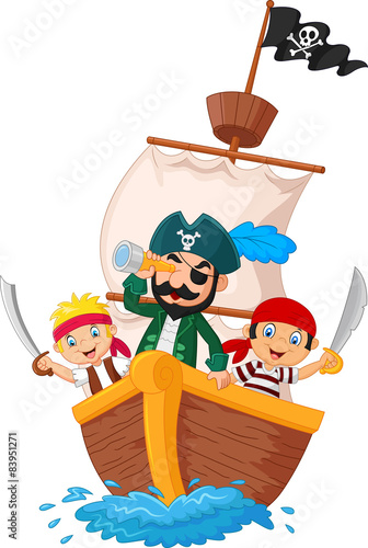Cartoon little pirate was surfing the ocean.vector illustration