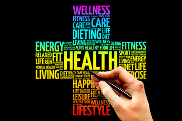 Wall Mural - Health word cloud, health cross concept