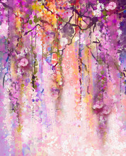 Watercolor Painting. Spring Purple Flowers Wisteria Background
