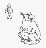Fototapeta Pokój dzieciecy - Cat who wants to eat a tasty fish vector drawn curve