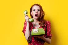 Girl In Red Dress With Green Dial Phone