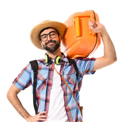 Happy tourist over white background