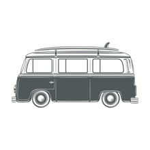 Retro, Vintage, Travel, Camper Van, With Surf Board.