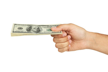 A Men hand holding hundred dollars bill on white background