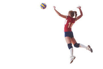 volleyball woman jump and kick ball isolated on white background