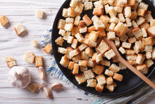 Delicious Fried Croutons With Garlic Horizontal Top View
