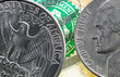 Coins twenty five and ten US cents close up.